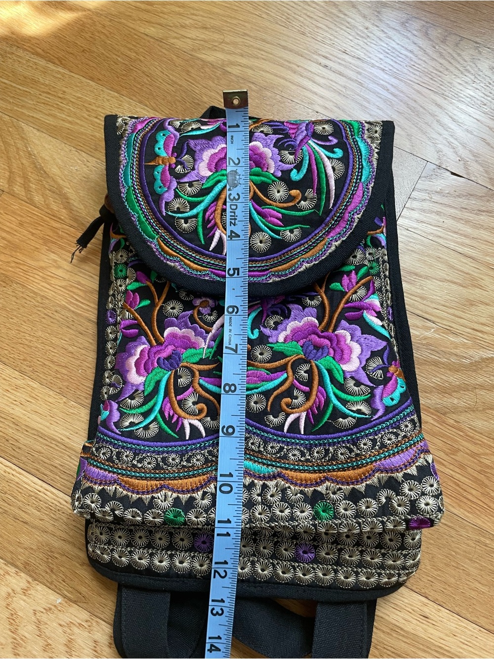 Embroidered Floral Black Backpack with Purple & Teal Accents - Picture 3 of 7
